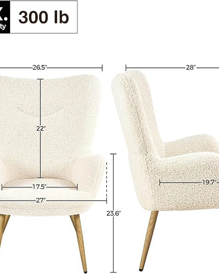 Yaheetech Boucle Vanity Chair, Modern Fluffy Accent Chair, Armchair with High Back and Wood-Tone Metal Legs, Downy Barrel Chair Soft Backrest for Living Room Bedroom Home Office, Ivory - LeafyLoom