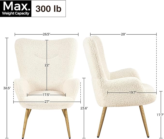 Yaheetech Boucle Vanity Chair, Modern Fluffy Accent Chair, Armchair with High Back and Wood-Tone Metal Legs, Downy Barrel Chair Soft Backrest for Living Room Bedroom Home Office, Ivory - LeafyLoom