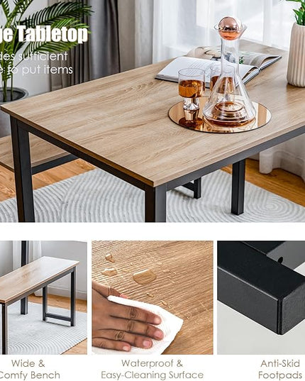 KOTEK Dining Table Set for 4, Modern Kitchen Table Set with 2 Benches, 3 Piece Dining Table and Bench Set for Small Space, 4-Person Dinette Set for Kitchen, Dining Room (Natural) - LeafyLoom