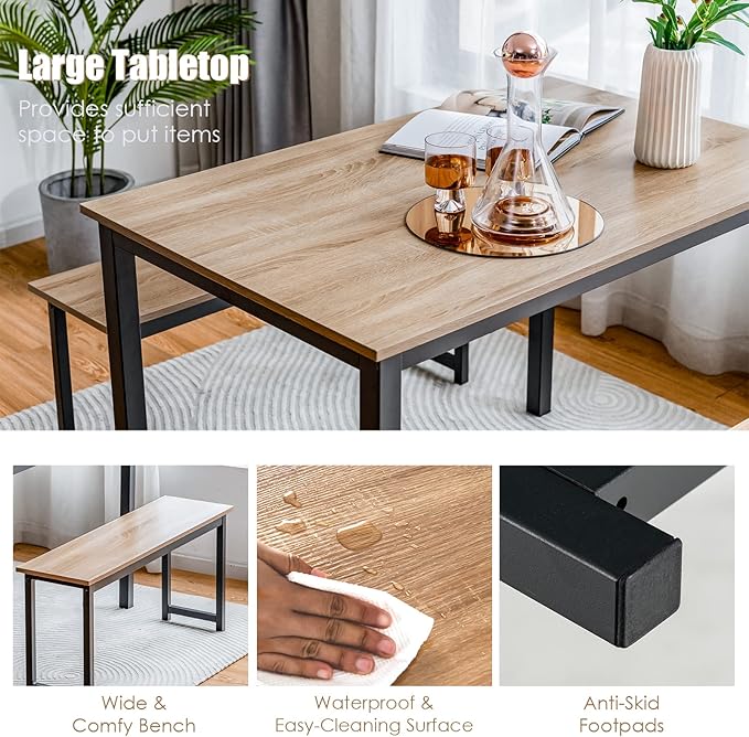 KOTEK Dining Table Set for 4, Modern Kitchen Table Set with 2 Benches, 3 Piece Dining Table and Bench Set for Small Space, 4-Person Dinette Set for Kitchen, Dining Room (Natural) - LeafyLoom