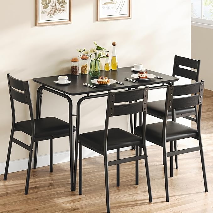 Dining Table for 4, Small Table and Chairs Set of 4, Square Dinette Set for 4, Dinner Table Set, 3 Piece Kitchen & Dining Room Sets for Small Space, Apartment (Black, Dining Table with 4 Chairs) - LeafyLoom
