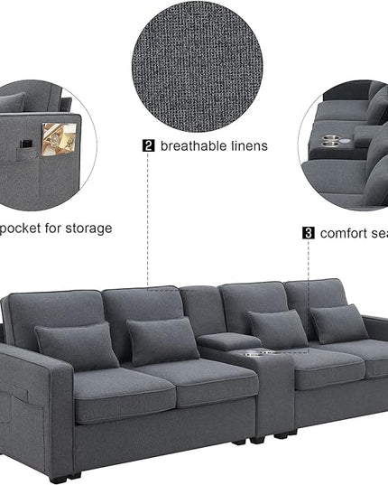 114.2" Linen Upholstered Sofa with Consoleand 2 USB Ports Wired or Wirelessly Charged,Modern 4-Seat Couches W/ 4 Pillows and Two Cupholders,for Living Room,Apartment,Dark Grey - LeafyLoom