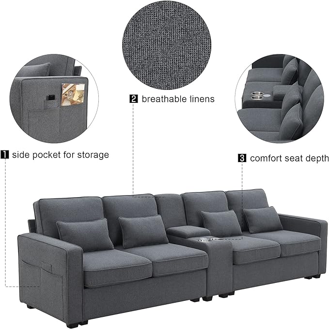 Upholstered Sectional Sofa with Console, 2 Cup Holders and 2 USB Ports & Wirelessly Charged, Modern Linen Fabric 4-Seat Couch with 4 Pillows for Living Room, Apartment, Office, 114.2inch - LeafyLoom