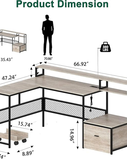 L Shaped Desk with Drawers, 66" Home Office Desk with Power Outlet and Led Strip, Reversible Computer Desk with Storage Shelves & Monitor Stand, Large Corner Desk Gaming Desk, Grey - LeafyLoom