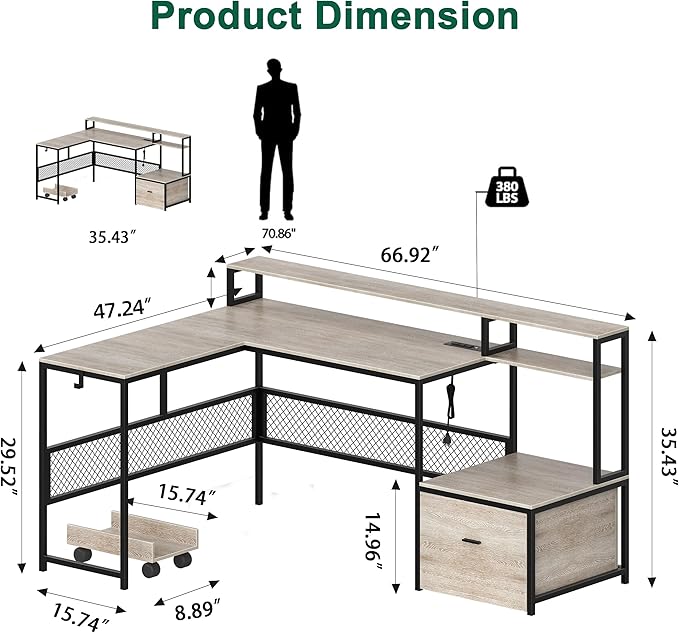 L Shaped Desk with Drawers, 66" Home Office Desk with Power Outlet and Led Strip, Reversible Computer Desk with Storage Shelves & Monitor Stand, Large Corner Desk Gaming Desk, Grey - LeafyLoom