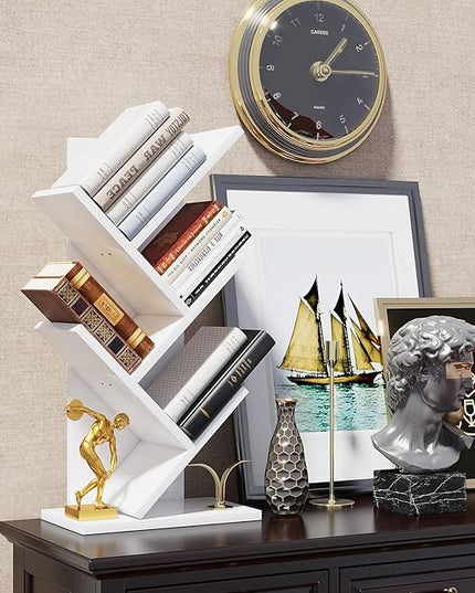 YMYNY 4 Tier Tree Bookshelf, Small Bookcase, Modern Wood Book Storage Rack, Freestanding Book shelf for Books/Movies/CDs, Narrow Display Rack for Living Room, Home Office, White UHBC014W - LeafyLoom