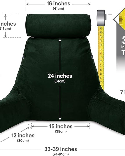 Husband Pillow XXL Aspen Edition, Adult Reading Sit Up Bed Rest Pillow for Bed with Arms & Neck Roll on Bungee Cord - Premium Memory Foam, Reversible 2 Sided Cover Micro Suede or Plush, Ramona Green - LeafyLoom
