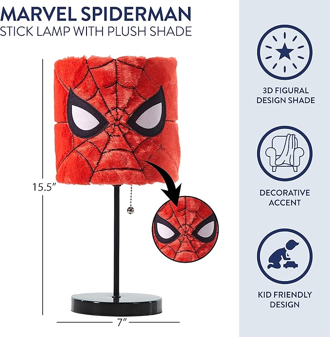 Idea Nuova Marvel Spiderman Plush Shade Stick Table Lamp, Red - LeafyLoom