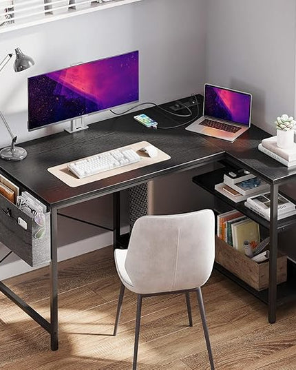 ODK 40 Inch Small L Shaped Gaming Computer Desk with Power Outlets, Reversible Storage Shelves & PC Stand for Home Office, Simple Writing Study Table with Storage Bag for Small Space, Black - LeafyLoom