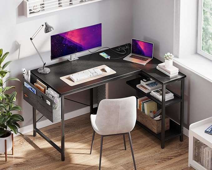 ODK 40 Inch Small L Shaped Gaming Computer Desk with Power Outlets, Reversible Storage Shelves & PC Stand for Home Office, Simple Writing Study Table with Storage Bag for Small Space, Black - LeafyLoom