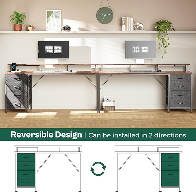 63 Inch Computer Desk with Power Outlets and LED Lights, Gaming Desk with 4 Drawers, Office Desk with Monitor Stand, Study Desk Work Desk for Home Office, Rustic Brown - LeafyLoom