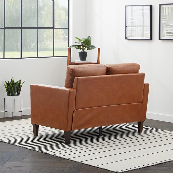 Edenbrook Archer Upholstered Loveseat - Camel Faux Leather Loveseat - Living Room Furniture - Small Loveseat - Mid Century Modern Loveseat - Seats Two - LeafyLoom