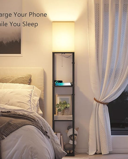 SUNMORY Shelf Lamp with Remote Control, Stepless Color Temperature & Dimmable, Floor Lamp with Shelves with 2 Usb Charging Ports and 2-Hole Socket, Solid Wood Tall Lamps for Living Room, Bedroom，Black - LeafyLoom