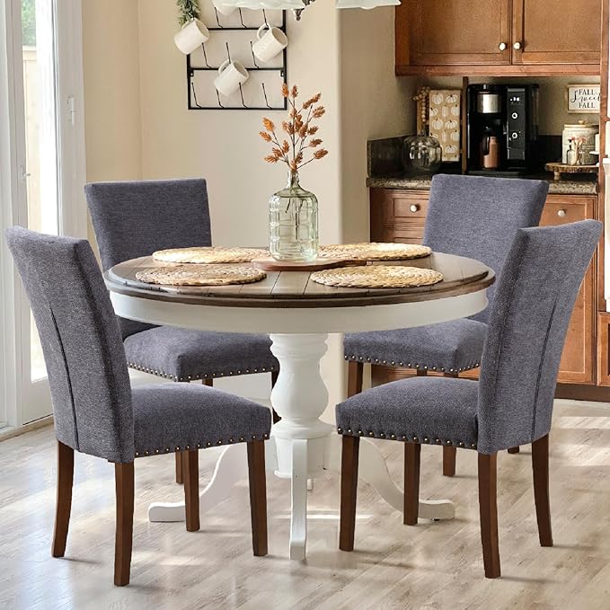 COLAMY Upholstered Parsons Dining Chairs Set of 4, Fabric Dining Room Kitchen Side Chair with Nailhead Trim and Wood Legs - Dark Grey - LeafyLoom