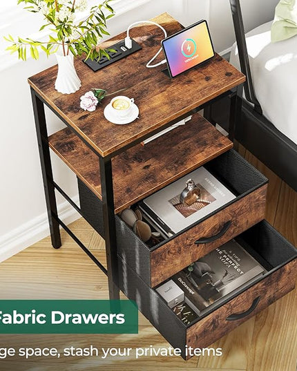 Nightstands Set of 2, End Tables with Charging Station, Side Tables with Fabric Drawers, Bedside Tables with USB Ports and Outlets, Night Stands for Bedroom, Rustic Brown - LeafyLoom