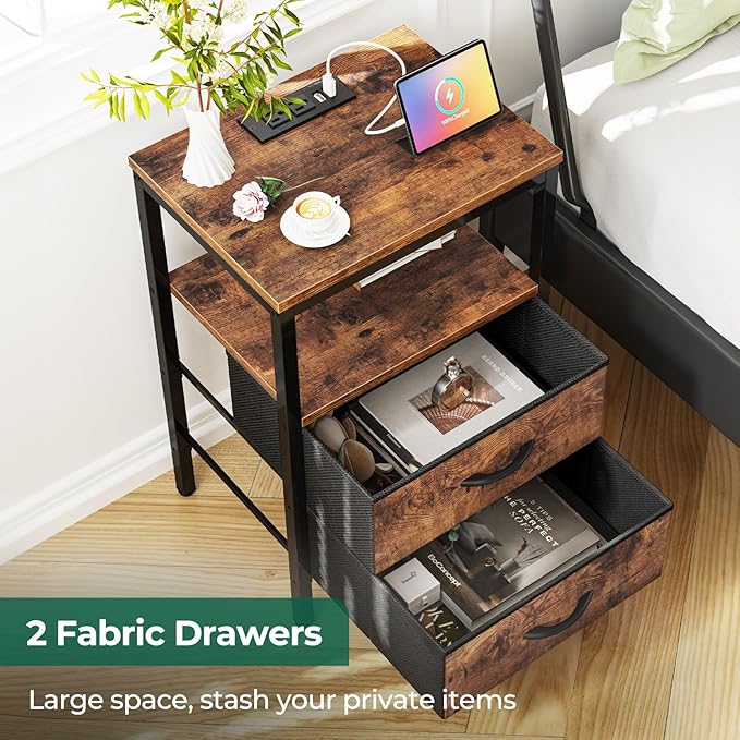 Nightstands Set of 2, End Tables with Charging Station, Side Tables with Fabric Drawers, Bedside Tables with USB Ports and Outlets, Night Stands for Bedroom, Rustic Brown - LeafyLoom