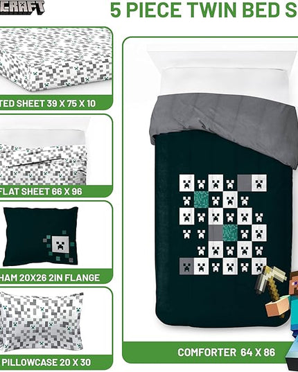 Minecraft Creeper Twin Comforter Set - 5 Piece Gamer Bedding includes Sheet Set & Pillow Covers - Super Soft Checkered Kids Bedding - LeafyLoom