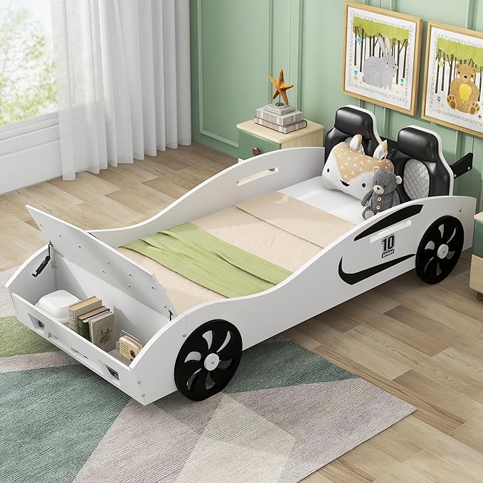 Twin Race Car-Shaped Bed with Storage Space & Upholstered Backrest,Wood Bedframe W/Safety Guardrail,Slats Support,No Box Spring Required,Fun Play for Boys Kids Toddlers Child's Bedroom,White - LeafyLoom