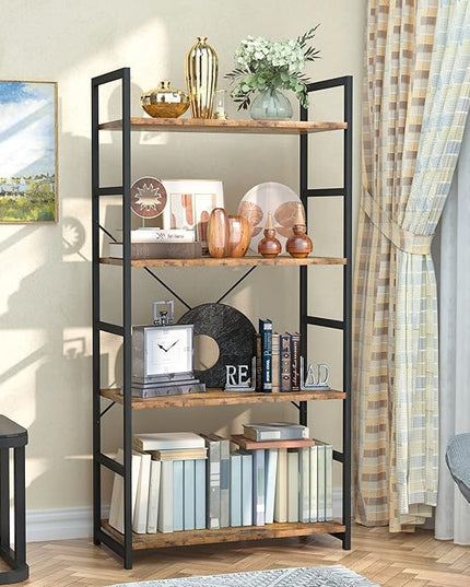 NUMENN 4 Tier Bookshelf, Tall Bookcase Shelf Storage Organizer, Modern Book Shelf for Bedroom, Living Room and Home Office, Vintage - LeafyLoom