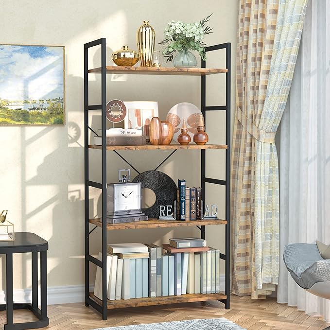 NUMENN 4 Tier Bookshelf, Tall Bookcase Shelf Storage Organizer, Modern Book Shelf for Bedroom, Living Room and Home Office, Vintage - LeafyLoom