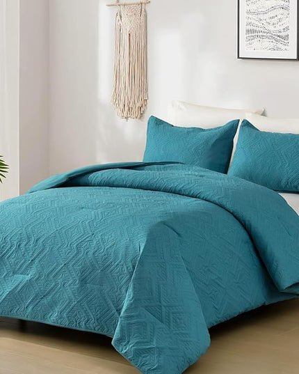WONGS BEDDING Teal Comforter Set King Size(104“×90”), Boho Geometric Textured Bedding Comforter Sets - 3 Pieces Reversible Soft Microfiber Ultrasonic Bedding with 2 PillowCases - LeafyLoom