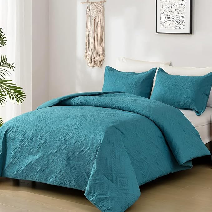 WONGS BEDDING Teal Comforter Set King Size(104“×90”), Boho Geometric Textured Bedding Comforter Sets - 3 Pieces Reversible Soft Microfiber Ultrasonic Bedding with 2 PillowCases - LeafyLoom