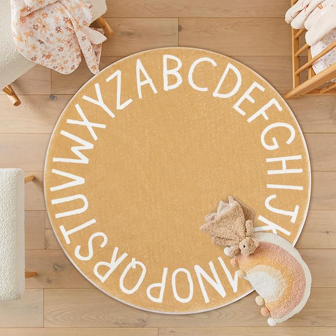 Topotdor Round Kids Play Rug Alphabet Nursery Area Rug Extra Large Soft Crawling Play Mat for Children Toddlers Bedroom (47 inch, Brown) - LeafyLoom