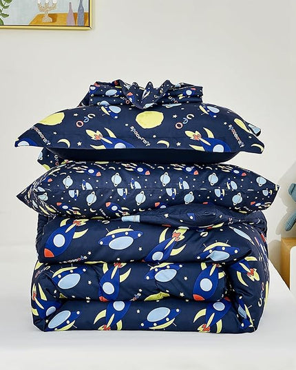 Mooreeke Bed in a Bag for Kids Girls Teens, 7 Pieces Full Size Comforter Bed Set with Shams, Sheet Set, Space Planet Blue Black Soft Microfiber Kids Comforter Bedding Set - LeafyLoom