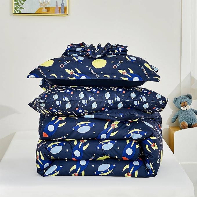 Mooreeke Bed in a Bag for Kids Girls Teens, 7 Pieces Full Size Comforter Bed Set with Shams, Sheet Set, Space Planet Blue Black Soft Microfiber Kids Comforter Bedding Set - LeafyLoom