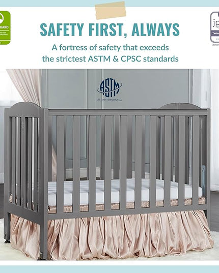 2-in-1 Portable Folding Stationary Side Crib in Storm Grey, Greenguard Gold Certified, Two Adjustable Mattress Height Positions,Made of Solid Pinewood, Flat Folding Crib - LeafyLoom