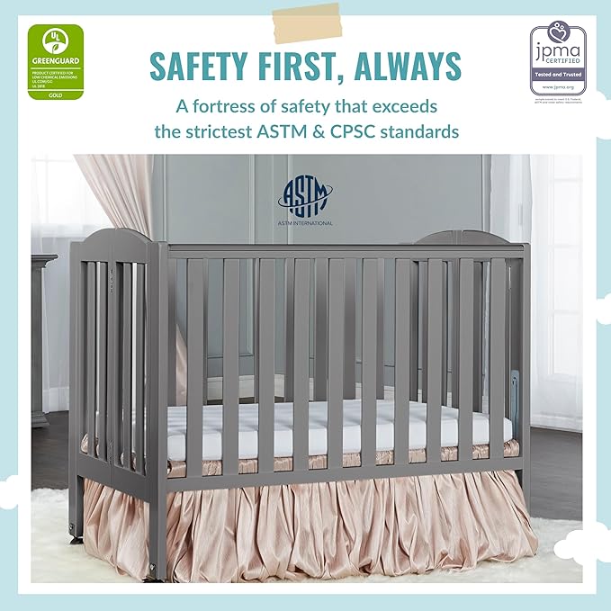 2-in-1 Portable Folding Stationary Side Crib in Storm Grey, Greenguard Gold Certified, Two Adjustable Mattress Height Positions,Made of Solid Pinewood, Flat Folding Crib - LeafyLoom