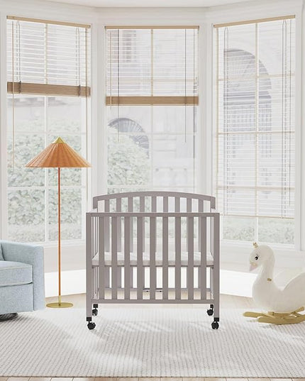 DaVinci Dylan Folding Portable 3-in-1 Convertible Mini Crib and Twin Bed in Grey, Greenguard Gold Certified - LeafyLoom