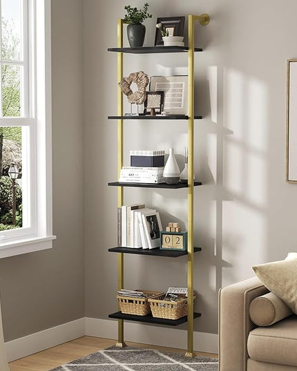 Axeman 5-Tier Ladder Bookcase, Tall Narrow Bookshelf for Small Spaces, Modern Book Storage Organizer Case Open Shelves for Bedroom, Living Room, Office, Library, Gold Metal Frame and Blakc Shelf - LeafyLoom
