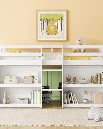 LED Twin Size Low Loft Bed for Kids,Twin Loft Bed with Storage Shelves,Kids Low Loft Bed Frame with LED Light,Space Saving, White - LeafyLoom