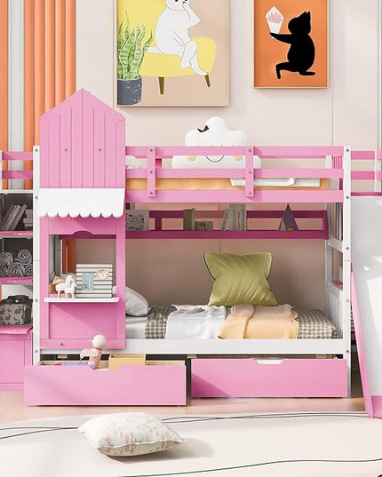 Twin Over Twin Castle Bunk Bed with Slide, Stairs Storage, Drawers and Shelves, Multifunctional Wood Bunkbeds w/Staircase, for Kids/Teens/Boys/Girls Bedroom, Pink - LeafyLoom