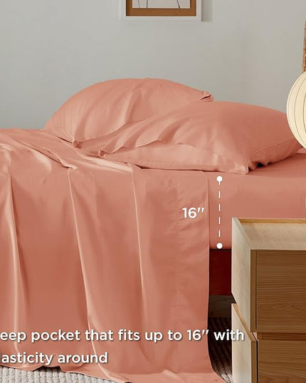 Bedsure King Size Sheet Set, Cooling Sheets King, Rayon Derived from Bamboo, Deep Pocket Up to 16", Breathable & Soft Bed Sheets, Hotel Luxury Silky Bedding Sheets & Pillowcases, Coral - LeafyLoom