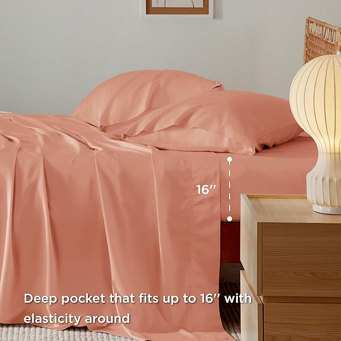 Bedsure King Size Sheet Set, Cooling Sheets King, Rayon Derived from Bamboo, Deep Pocket Up to 16", Breathable & Soft Bed Sheets, Hotel Luxury Silky Bedding Sheets & Pillowcases, Coral - LeafyLoom