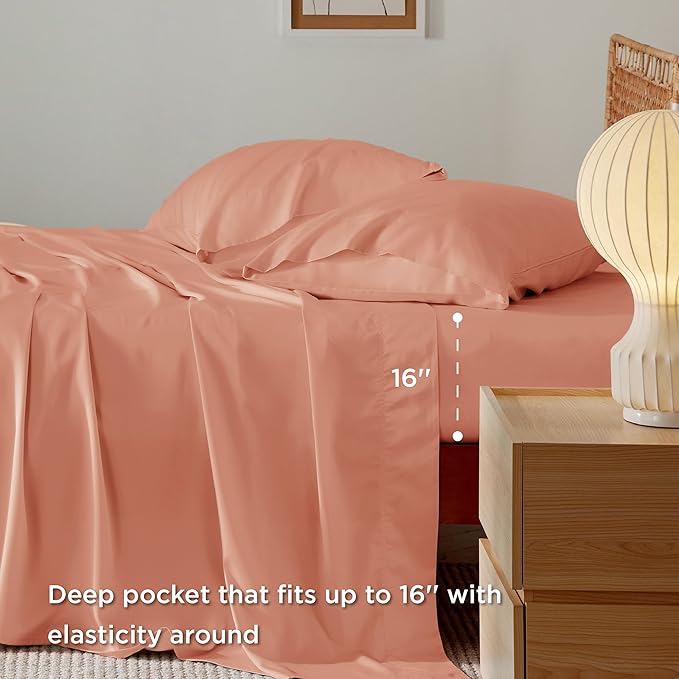 Bedsure Queen Sheets, Rayon Derived from Bamboo, Queen Cooling Sheet Set, Deep Pocket Up to 16", Breathable & Soft Bed Sheets, Hotel Luxury Silky Bedding Sheets & Pillowcases, Coral - LeafyLoom