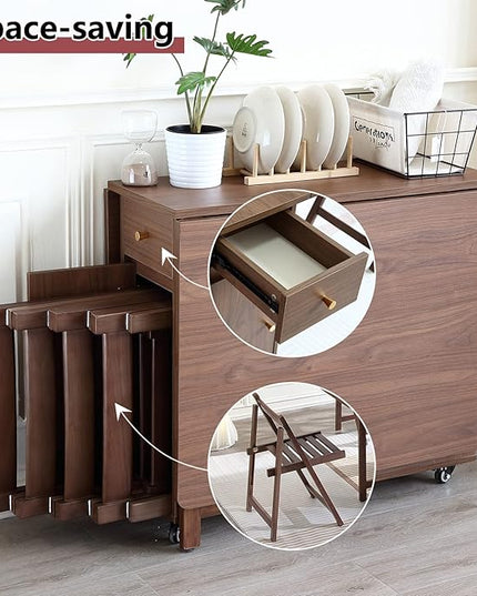 Extendable Drop Leaf Foldable Dining Table with 2 Drawers and 4 Wheels for Living Room Kitchen Farmhouse Space Saving Table in Walnut - LeafyLoom