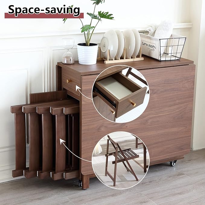 Extendable Drop Leaf Foldable Dining Table with 2 Drawers and 4 Wheels for Living Room Kitchen Farmhouse Space Saving Table in Walnut - LeafyLoom