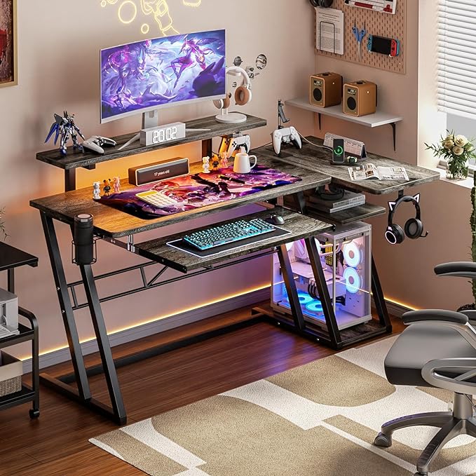 armocity L Shaped Gaming Desk with LED Lights and Outlets, PC Gaming Desk with Monitor Stand and Shelves, Reversible Gaming Computer Desk with Keyboard Tray & Z-Shape Legs, Grey Oak, 47" - LeafyLoom