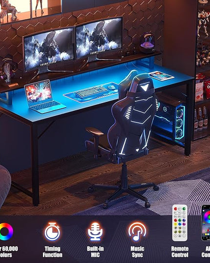 Computer Desk with USB Power Outlets and LED Lights,55 inch Gaming desk with Monitor Stand for Small Space Home Office, Modern Simple Study Writing Table PC Desks, Black - LeafyLoom