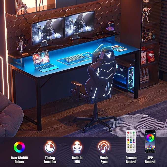 Computer Desk with USB Power Outlets and LED Lights,55 inch Gaming desk with Monitor Stand for Small Space Home Office, Modern Simple Study Writing Table PC Desks, Black - LeafyLoom