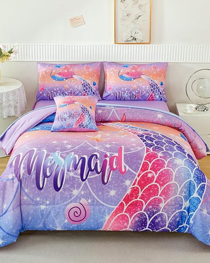 RYNGHIPY Full Bed in a Bag for Kids Teens Girls 6 Pieces, Soft Bedding for All Seasons, Cute Mermaid Tail Kids Bedding Set, Leightweight Girls Fluffy Bed Set - LeafyLoom
