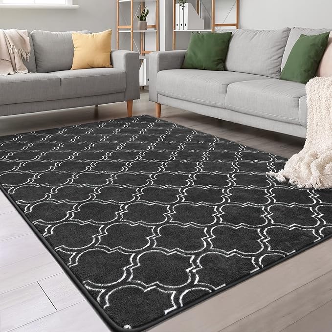 Chicrug Shag Geometric Modern Area Rug for Bedroom, 4x6 Feet Memory Foam Indoor Carpet, Fluffy Rug for Living room Bedside Room Decor for Family Girls Kids Nursery Play Mat, Dark Grey/White - LeafyLoom