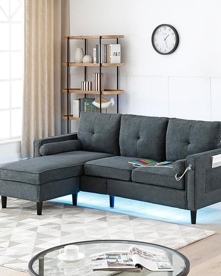 3 Seater L Shaped Convertible Sectional Sofa Couch with Reversible Chaise , Linen Upholstered Corner Sleeper Lounge Sofá with 2 USB Ports and LED Lights ,Storage for Small Space Living Room Apartment - LeafyLoom