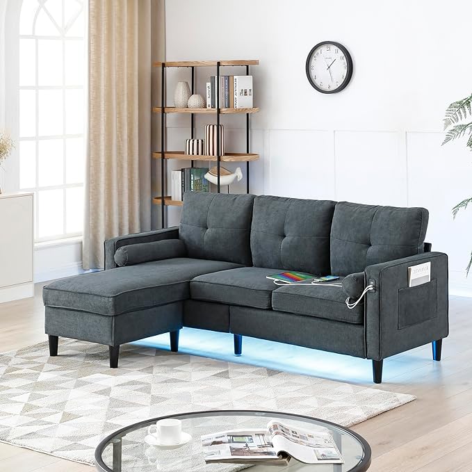 3 Seater L Shaped Convertible Sectional Sofa Couch with Reversible Chaise , Linen Upholstered Corner Sleeper Lounge Sofá with 2 USB Ports and LED Lights ,Storage for Small Space Living Room Apartment - LeafyLoom