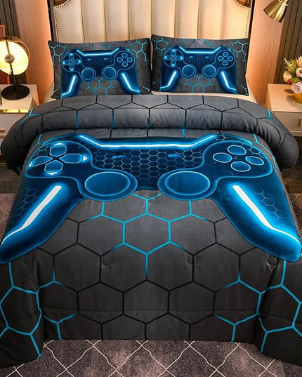 NTBED Game Console Comforter Set for Boys Girls Kids 3D Gaming Geometric Lightweight Microfiber Bedding Sets (Blue, King) - LeafyLoom