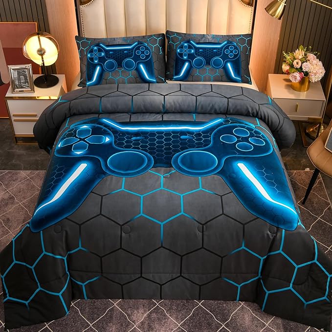 NTBED Game Console Comforter Set for Boys Girls Kids 3D Gaming Geometric Lightweight Microfiber Bedding Sets (Blue, King) - LeafyLoom