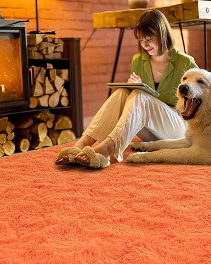 Softlife Area Rug for Bedroom, 4x6 Feet Plush Fluffy Rug for Living Room, Orange Shag Rug for Aesthetic Room Decor, Ultra Soft Modern Fuzzy Faux Fur Carpet for Kids Nursery Room Dorm - LeafyLoom